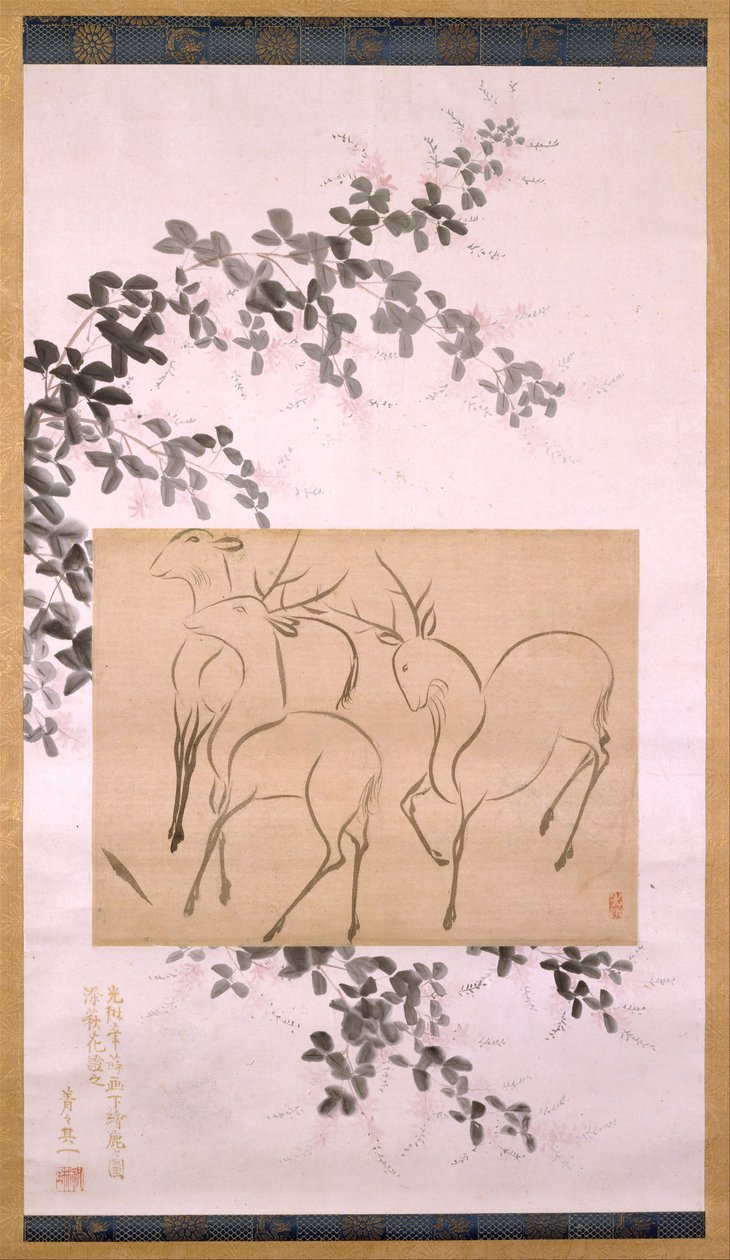 悬挂在卷轴上的三只鹿的初稿...，19世纪的绘画。 作者 绪方光琳