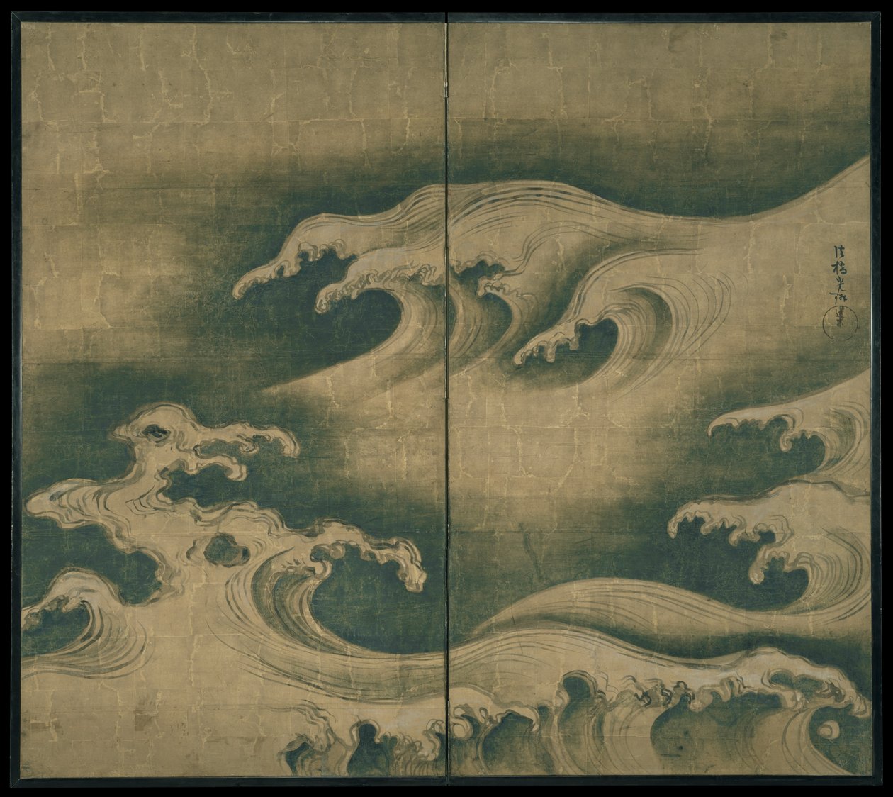 粗糙波浪，双面板折叠屏幕，c.1704-9（纸张上的墨水，颜色和金箔） 作者 绪方光琳