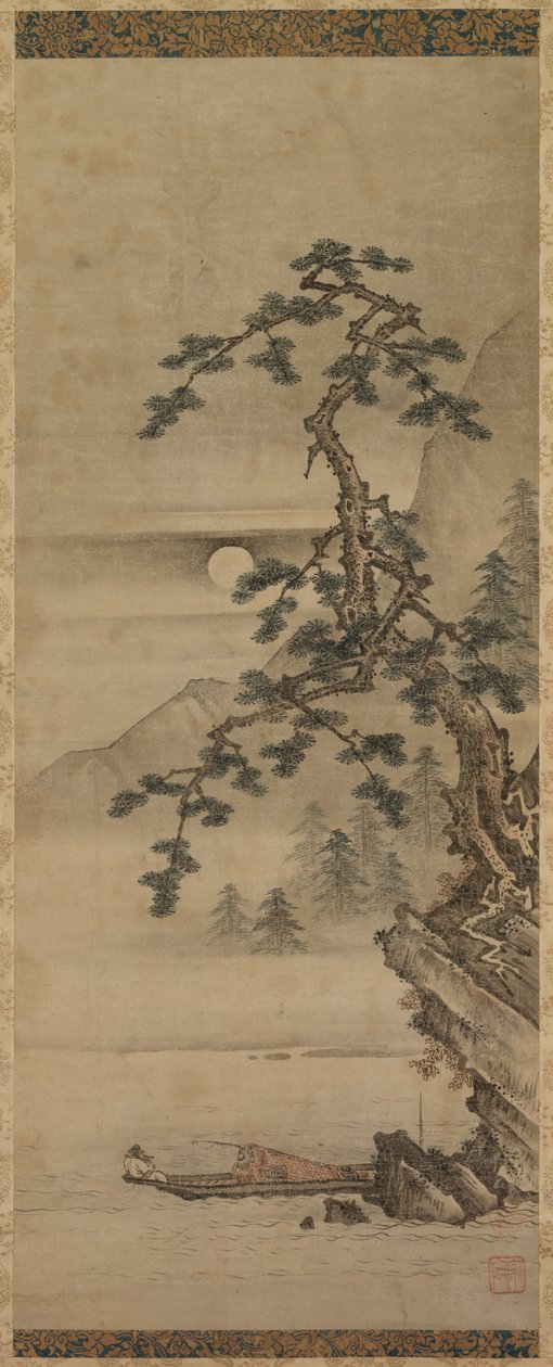 松树的月光下的风景与船上的老人，室町时代，1392-1573年。 作者 小栗旬