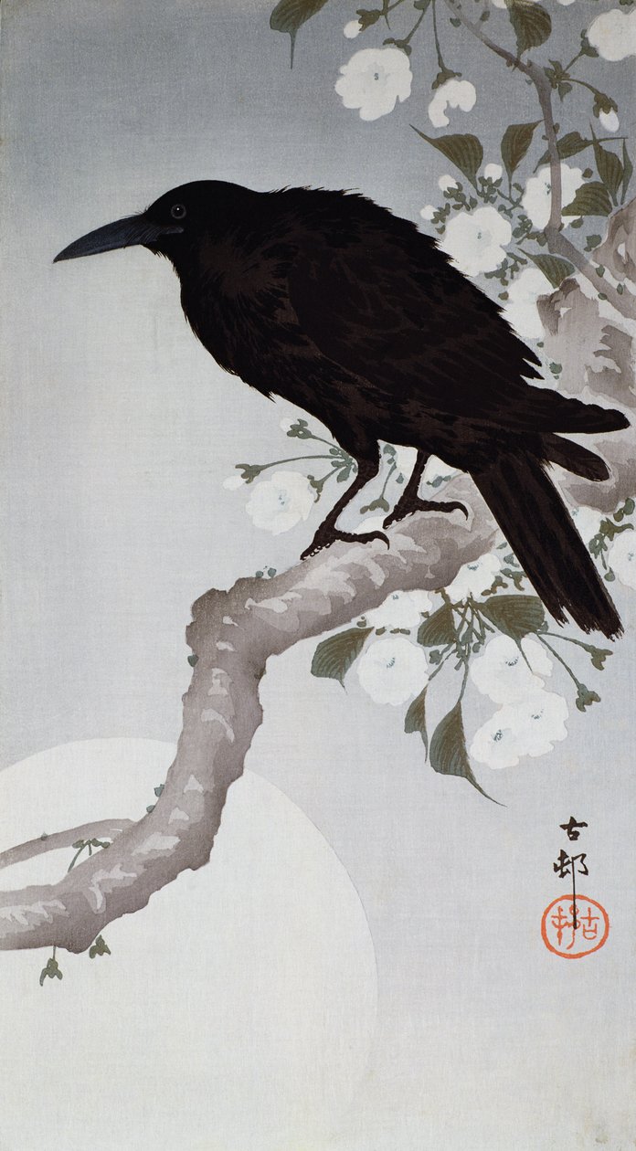 在月光下的树枝上的黑鸟，（彩色木版画） 作者 大原功臣