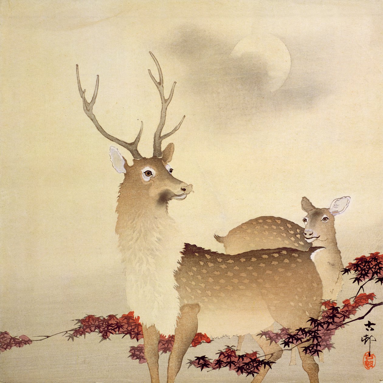 一个雄鹿和它的年轻人在月球下，c.1930（彩色木版画） 作者 大原功臣