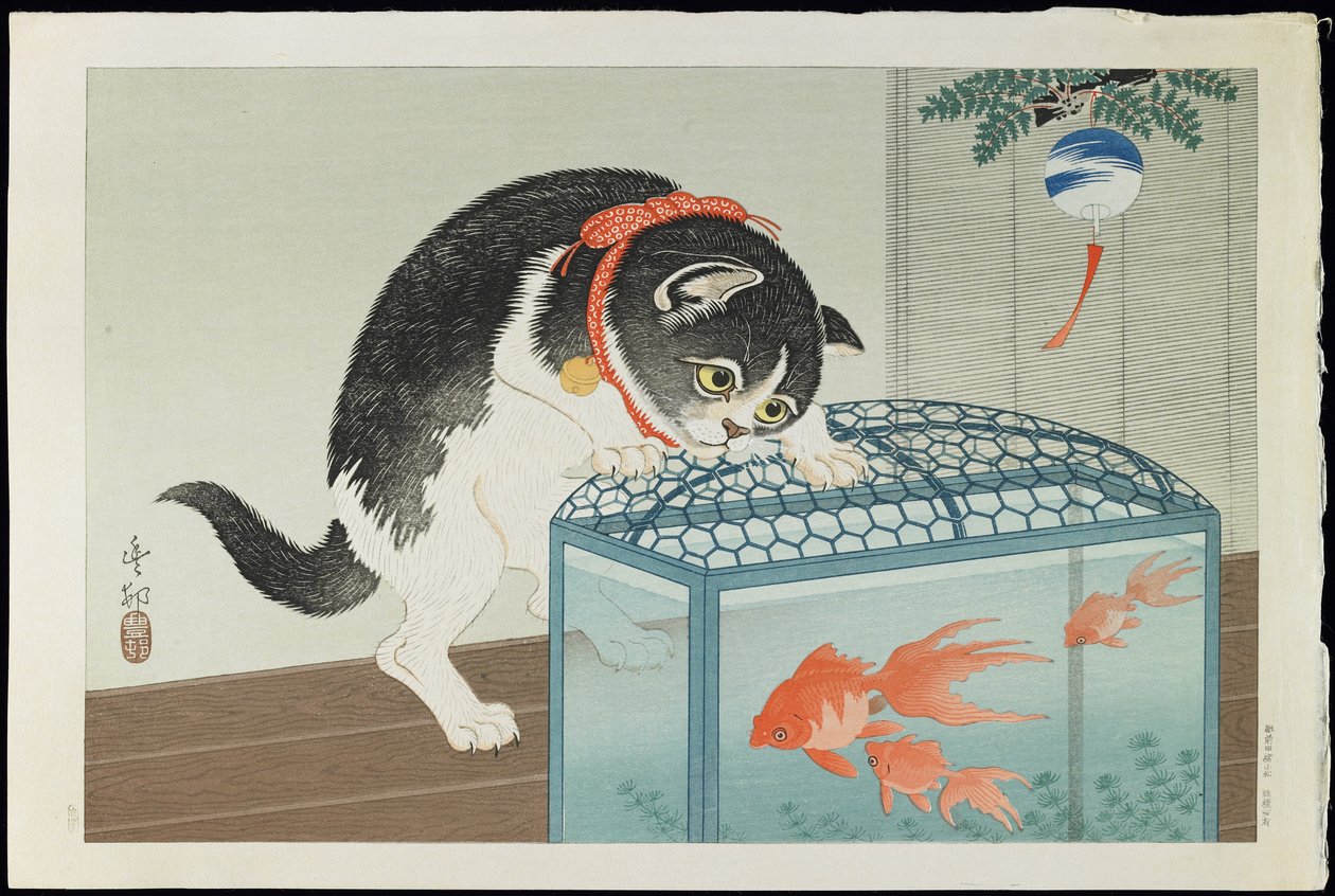 猫和金鱼，20世纪30年代（彩色木版画） 作者 大原功臣