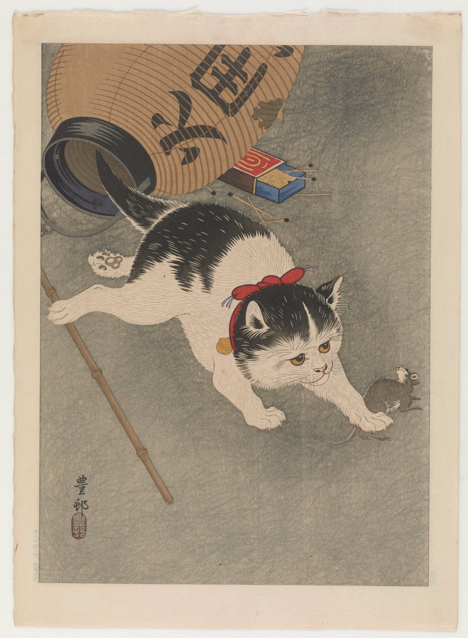 猫与老鼠，c.1930（彩色木版画） 作者 大原功臣