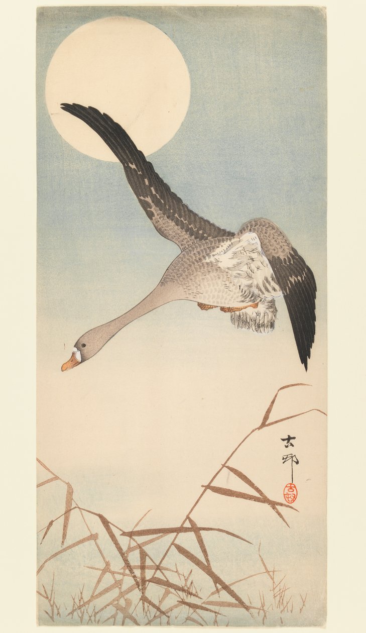 月光下的鹅飞，c.1910（木版画） 作者 大原功臣