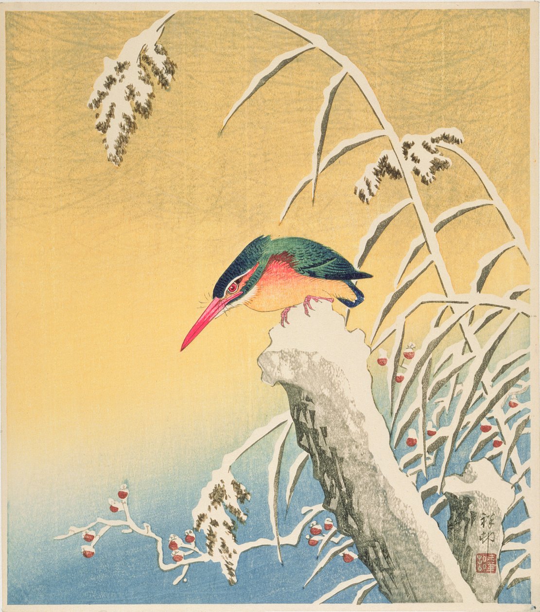 翠鸟在雪中，1935年（彩色木版画） 作者 大原功臣