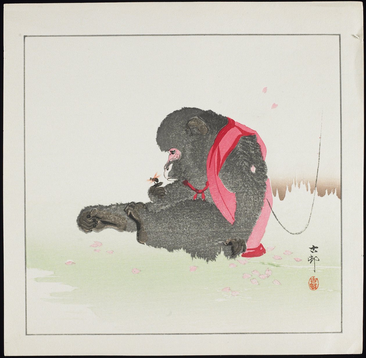 猴子捕捉一只蜜蜂，1912年以前 作者 大原功臣