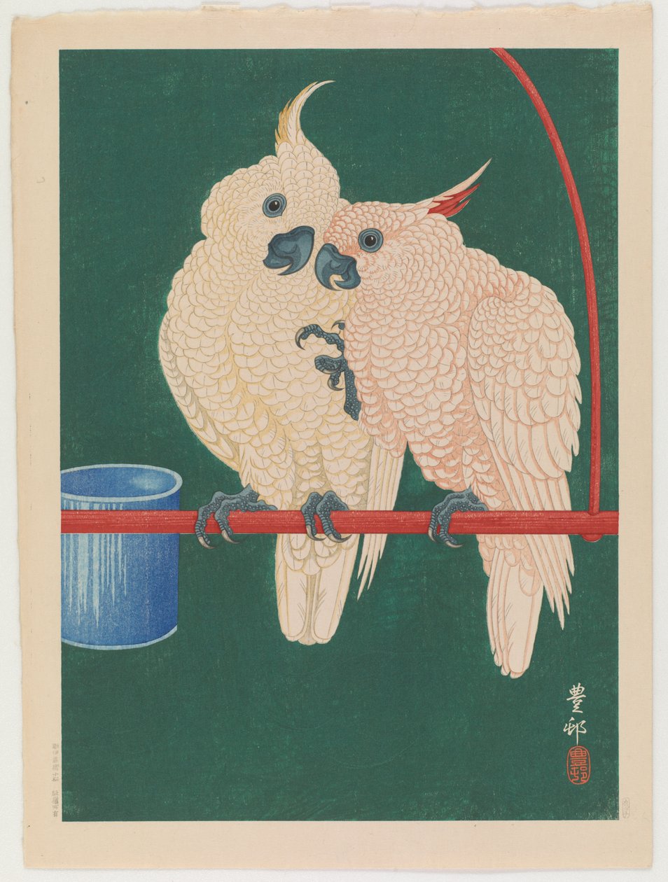 一对白色凤头鹦鹉，c.1930（彩色木版画） 作者 大原功臣