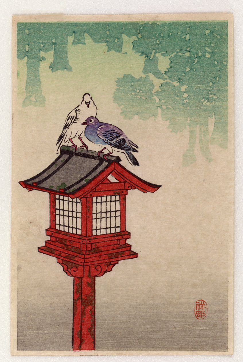 鸽子在一个专用灯笼（彩色木版画） 作者 大原功臣