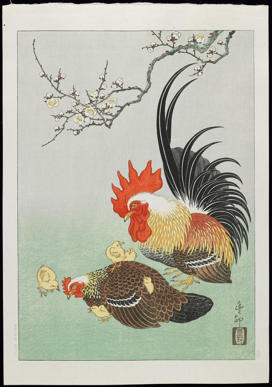 公鸡和母鸡与小鸡，20世纪30年代 作者 大原功臣