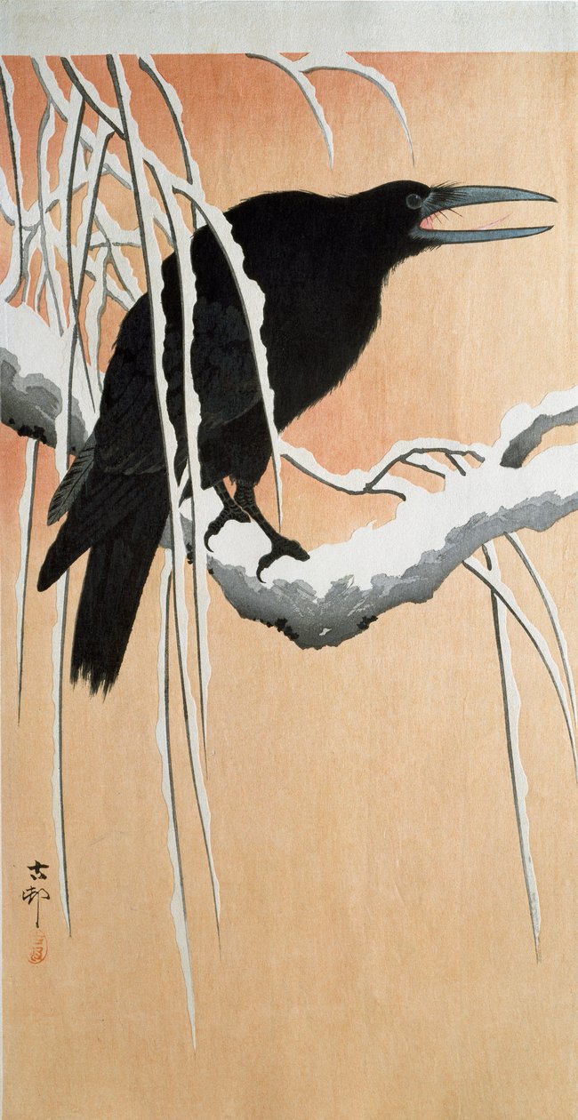 白雪皑皑的树枝上的乌鸦 木版画和日本版画 大原康尊 (1877-1945) 1910 年私人收藏 DR 作者 大原功臣