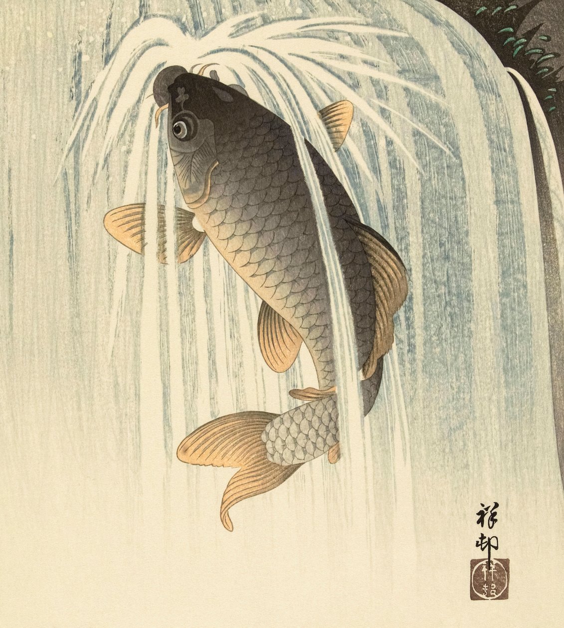 瀑布下的鲤鱼》，日本艺术家 Ohara Koson 创作 作者 大原功臣