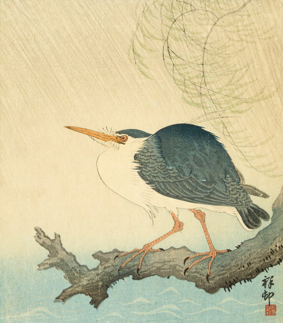 暴风雨中的苍鹭，日本艺术家 Ohara Koson 的作品 作者 大原功臣
