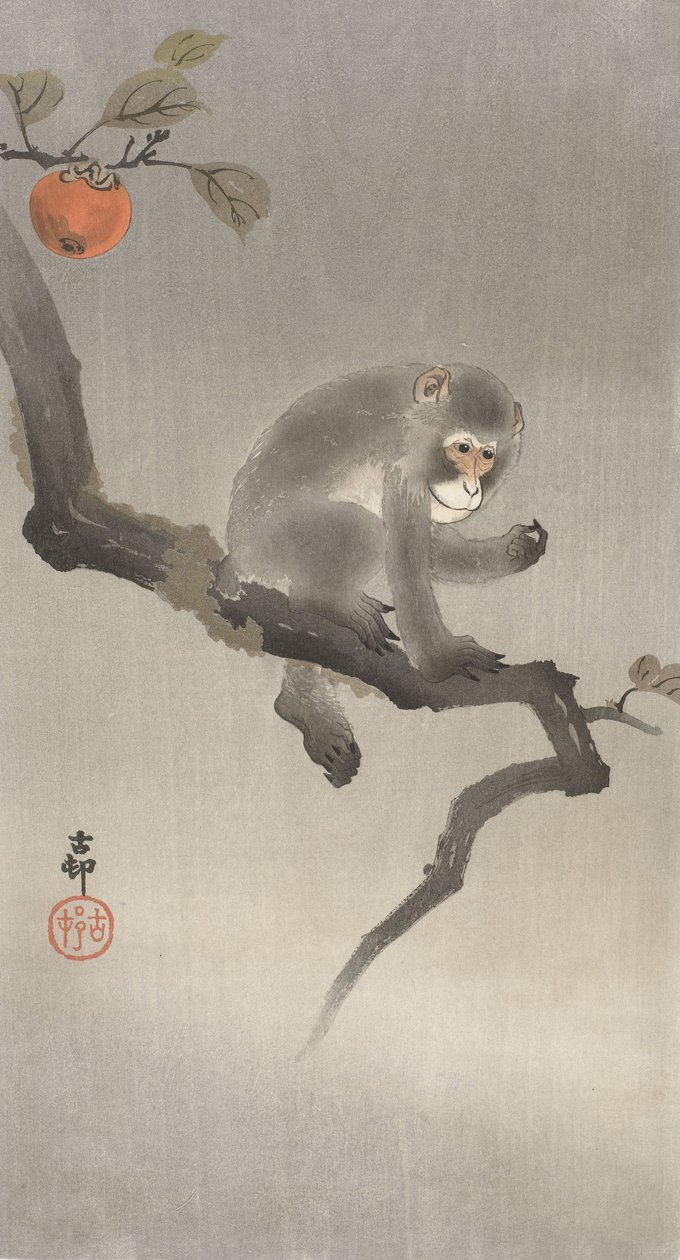 猴子在果树，1900-30（彩色木刻） 作者 大原功臣