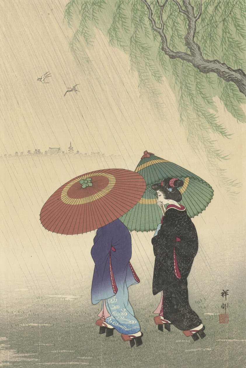 两个女人在雨中，1925-36（彩色木刻） 作者 大原功臣