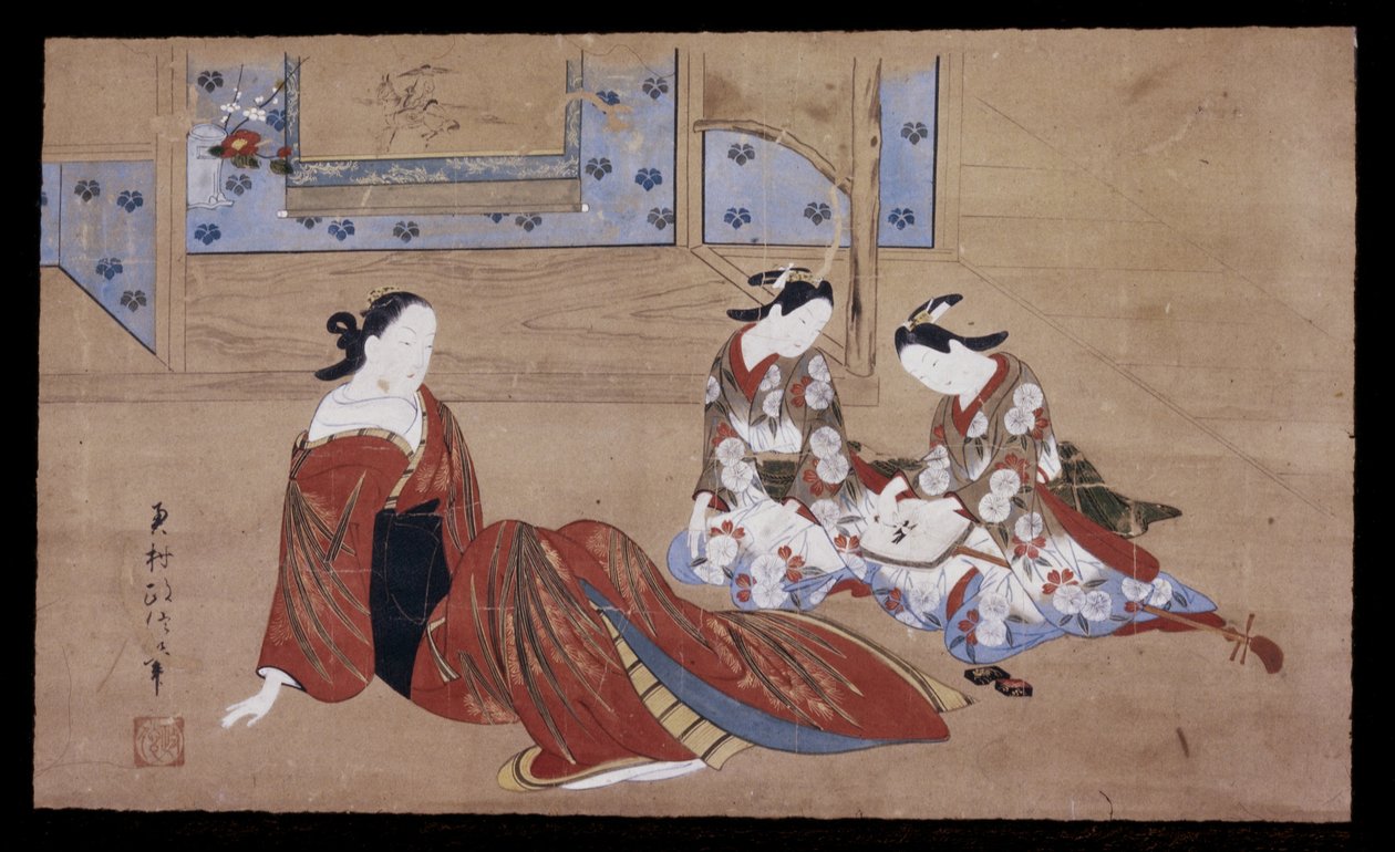Nikuhitsu ukiyo-e：名妓和两名服务员，c。 1735（纸上的墨水，颜色和gofun） 作者 奥村昌信