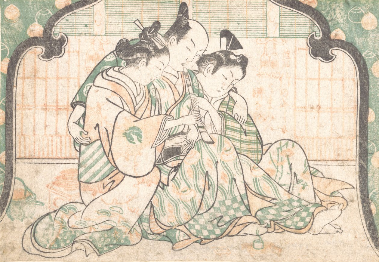 一个年轻人坐在两个女人之间，约1749.，约1749.。 作者 奥村昌信