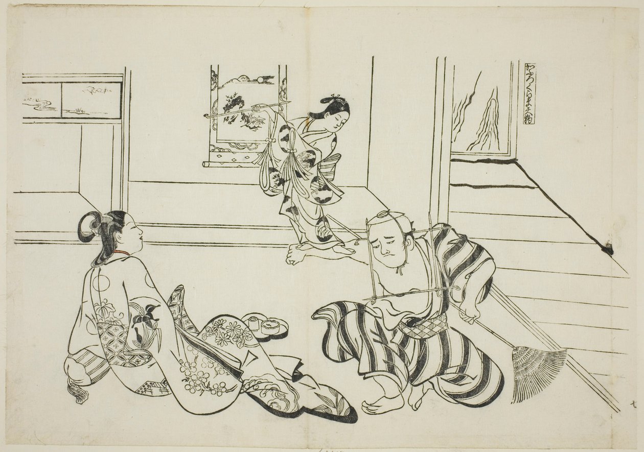 鞍马山的儿童侍者和秃头天狗（鞍马天狗卡布罗），选自描绘戏剧模仿的 12 幅版画系列中的第 7 幅 作者 奥村昌信