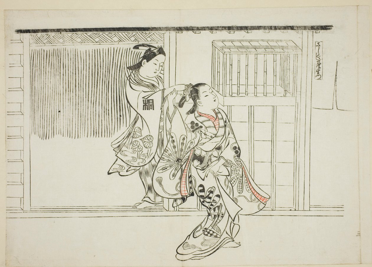 梳子罗生门》（Sashigushi Rashomon），第 3 号。12 幅模仿戏剧的版画系列中的第 3 幅 作者 奥村昌信