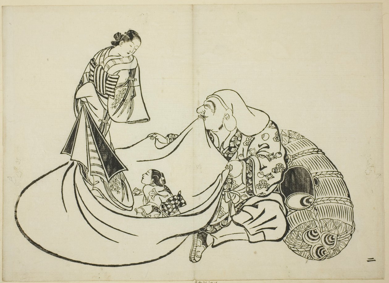 Daikoku 透露 Hotei 袋子里的东西，12 幅版画系列中的第 2 幅 作者 奥村昌信