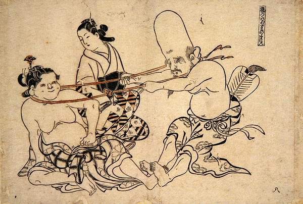 福禄寿》试图抬起文殊（木版画 作者 奥村昌信