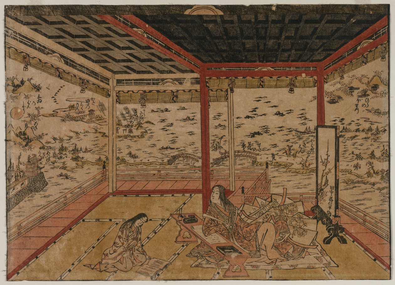 石山村村崎夫人，俯瞰琵琶湖七个风景，1740年代。 作者 奥村昌信