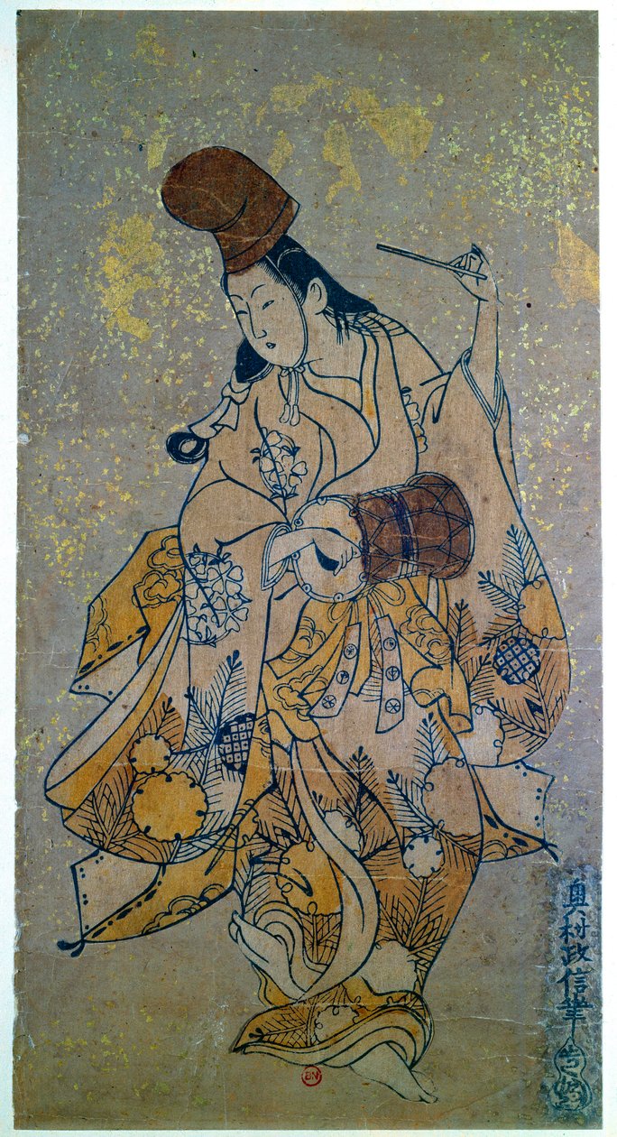 Musician. Woman playing the drum. Japanese print by Okumura Masanobu (1686-1764) 作者 奥村昌信