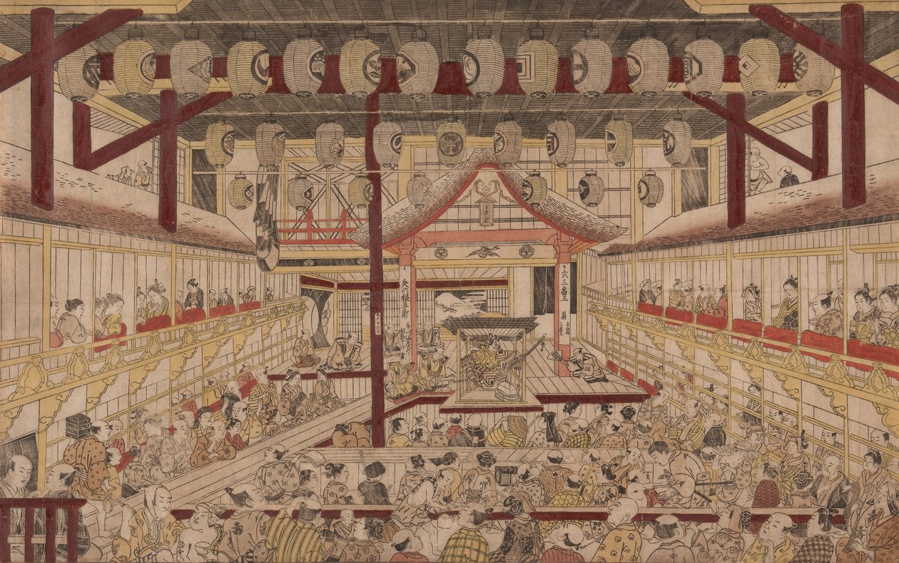 中村剧院内部的透视图，市川Ebizo II饰演Yanone Goro，1740年 作者 奥村昌信