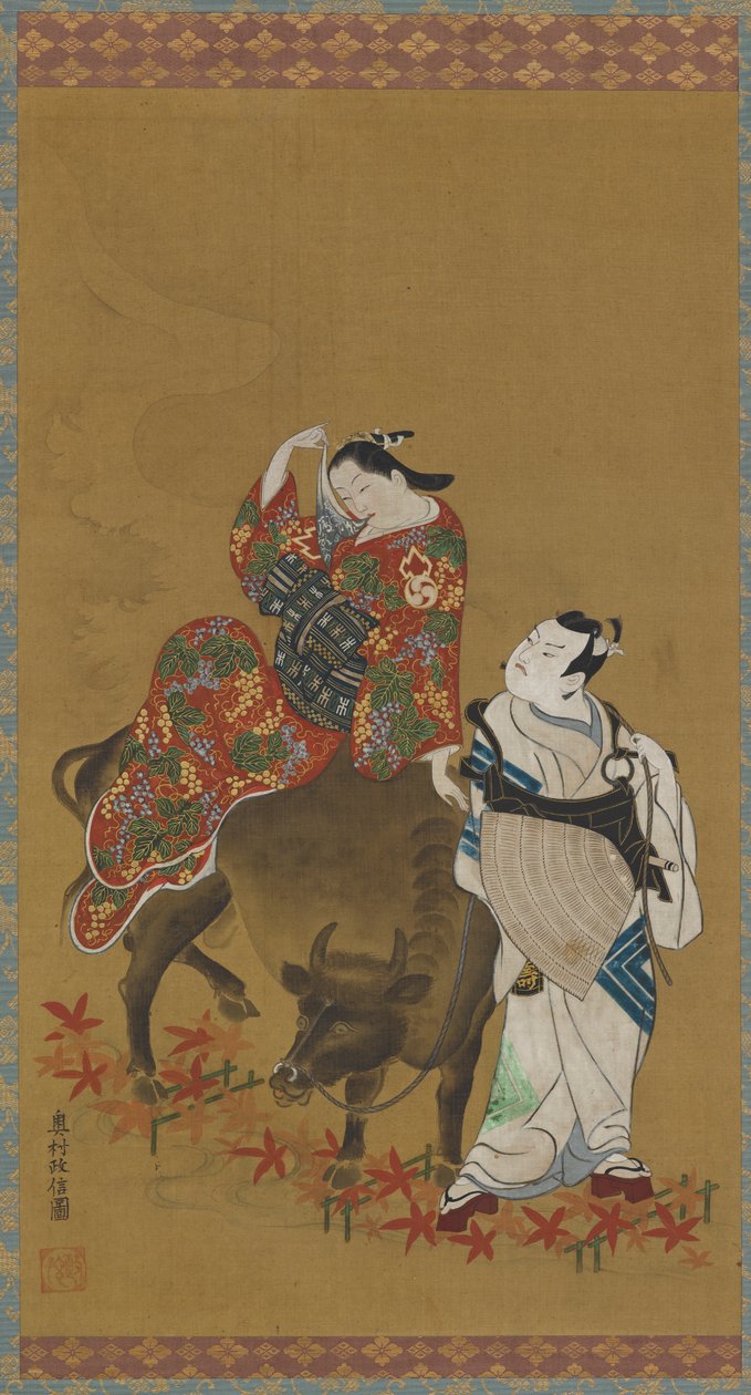 两名歌舞伎演员分别扮演骑水牛的歌妓和旅行的牧师，1686-1764年。 作者 奥村昌信