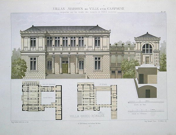 希腊罗马别墅，由沃尔特雕刻，板块49来自 "Villas, Maisons de Ville et de Campagne"，巴黎出版（彩色平印）。 作者 橄榄（后）