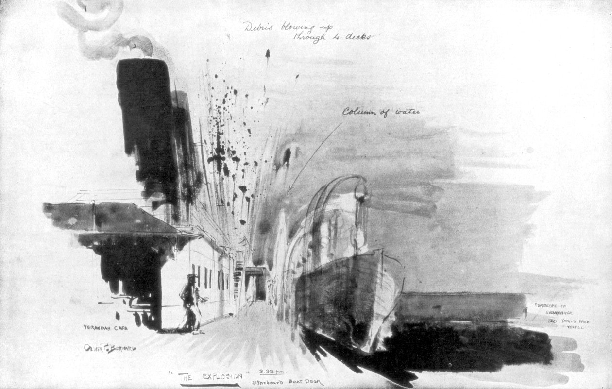 1915年5月7日，德国U-20型潜艇的鱼雷击中RMS Lusitania， 作者 奥利弗·珀西·伯纳德（Oliver Percy Bernard）