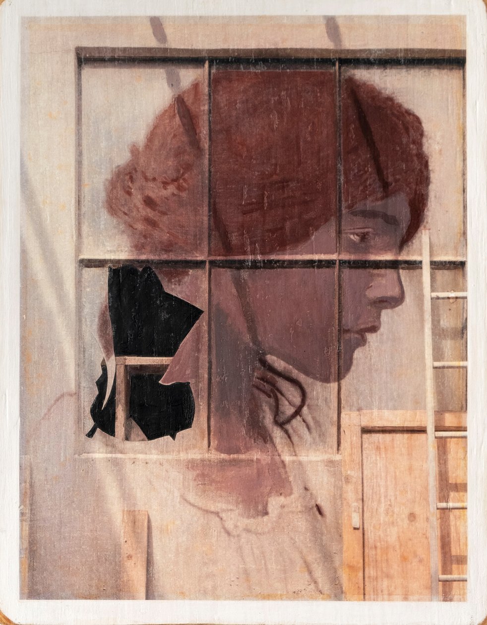 Ritratto su muro，2021 年（木板上的混合材料） 作者 