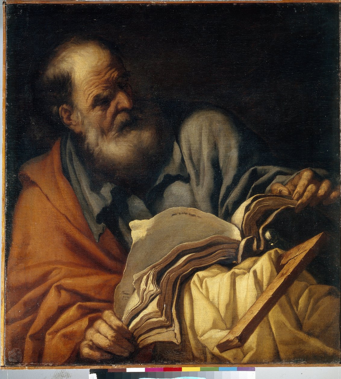 圣托马斯，使徒。(圣托马斯使徒）。Orazio Borgianni（1578-1616 年）的画作，布面油画，意大利艺术（罗马） 作者 奥拉齐奥（Orazio Borgianni）
