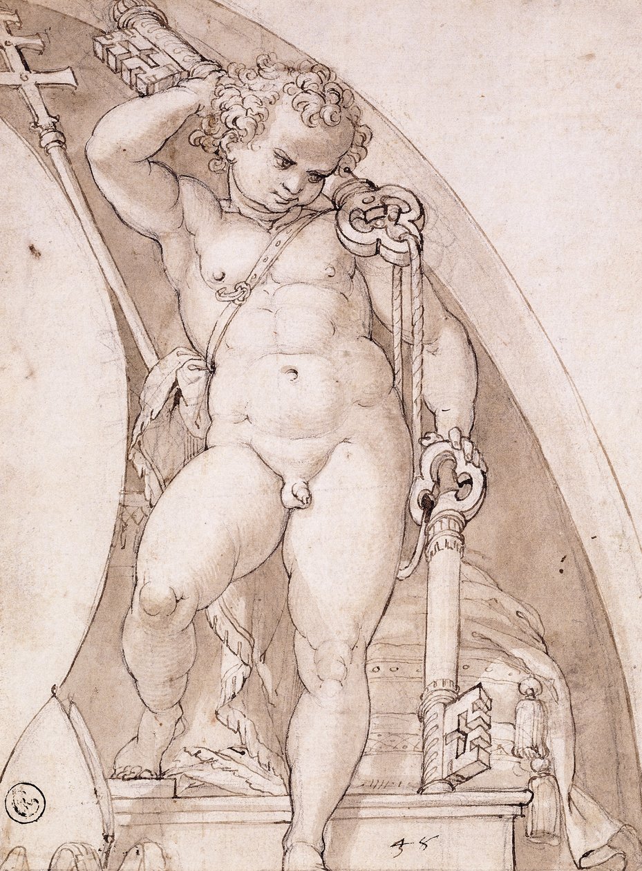 站立着握住教皇钥匙的Putto：对Lunette的研究，约1575年 作者 奥拉齐奥·萨马基尼（Orazio Samacchini）