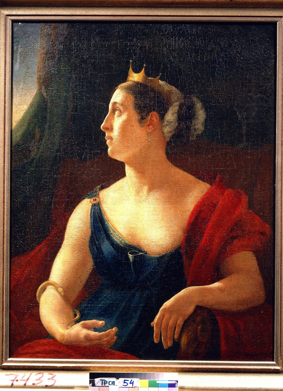 女演员 Ekaterina Semyonova（1786-1849 年）在欧里庇得戏剧作品《奥利斯的伊菲革涅亚》中扮演克莱特涅斯特拉的肖像。(女演员 E. 谢苗诺娃的肖像，在欧里庇得斯的戏剧《奥利斯的伊菲革涅亚》中饰演克莱特涅斯特拉）。绘画 作者 奥雷斯特·阿达莫维奇·基普伦斯基