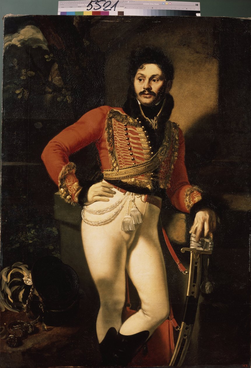 轻骑兵上校 Eugraph Davydov（1775-1823 年）的肖像。(轻骑兵上校 E. Davydov 的肖像）。奥雷斯特-阿达莫维奇-基普伦斯基（基普伦斯基）（1782-1836 年）的画作，布面油画 作者 奥雷斯特·阿达莫维奇·基普伦斯基