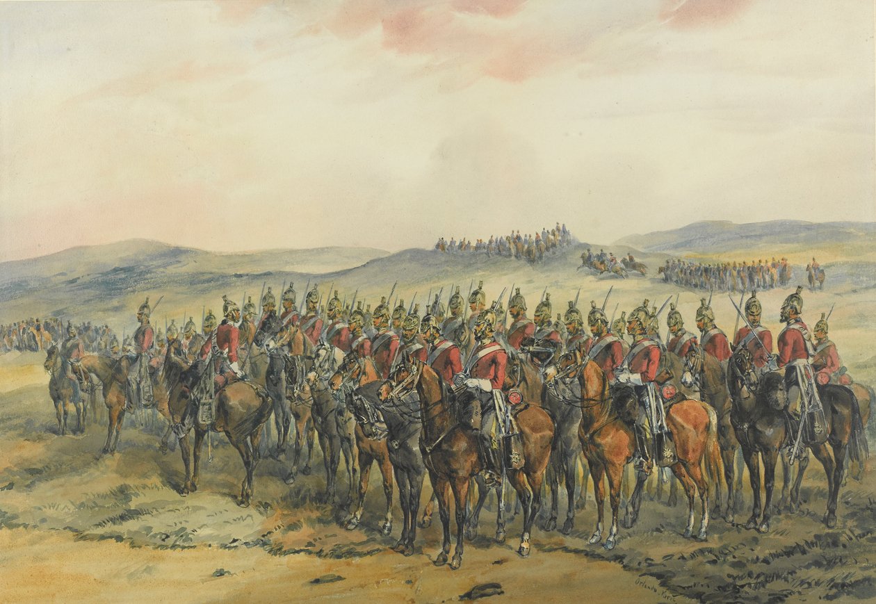 第 4 和第 5 龙骑兵卫队，在巴拉克拉瓦冲锋前的重型龙骑兵队列（纸张上的钢笔、墨水和水彩画） 作者 奥兰多·诺里
