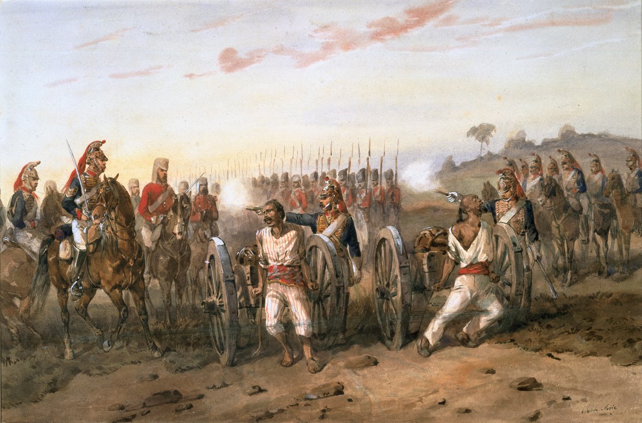 叛乱者即将被孟加拉骑兵炮兵轰下火炮，约 1858 年（纸面水彩画） 作者 奥兰多·诺里