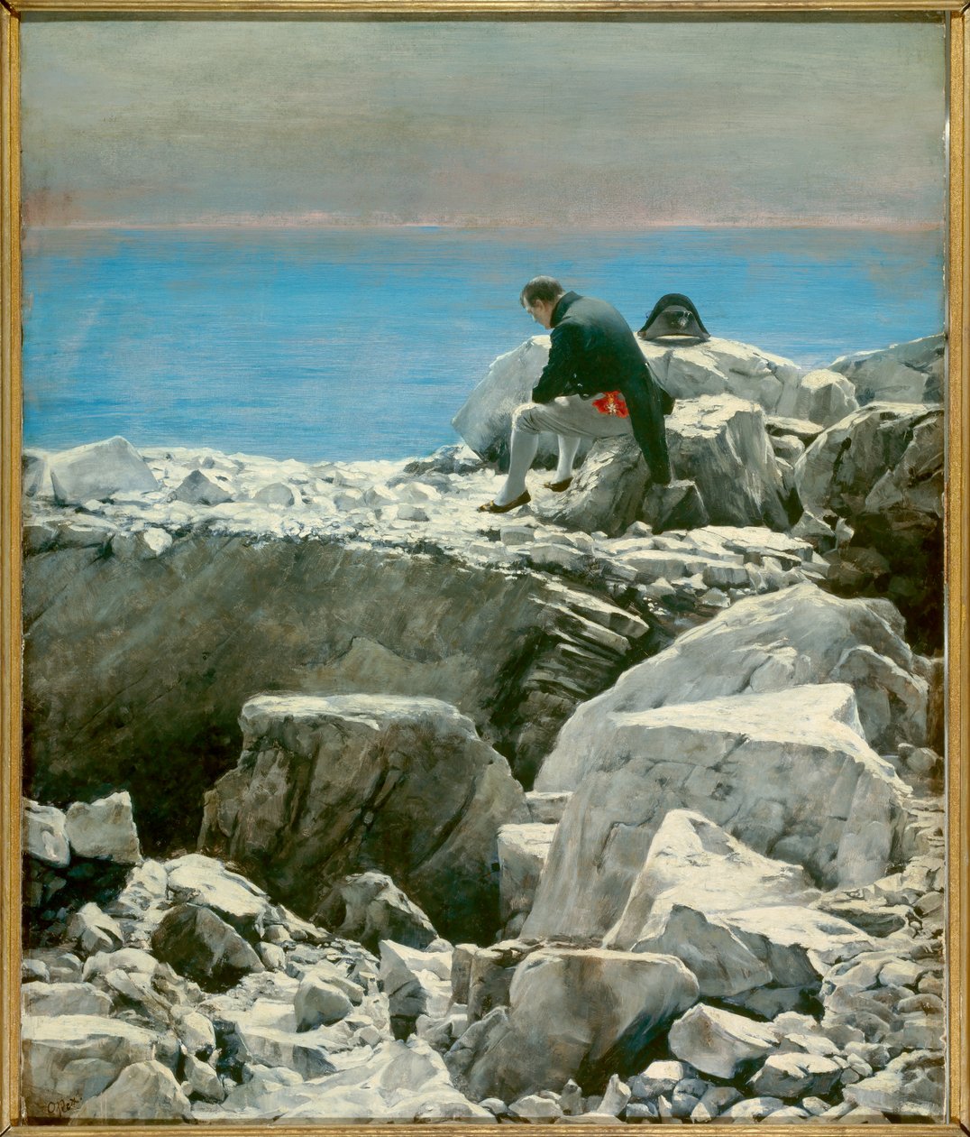 结束了，拿破仑一世到圣海伦岛（1769-1821）这位流亡皇帝以忧郁的姿态独自站在圣海伦岛的一块岩石上。 奥斯卡·雷克斯 (Oscar Rex，1857-1929) 十九世纪太阳画作。 0,76x0,67 m Malmaison，城堡博物馆 - 结束了 作者 奥斯卡雷克斯