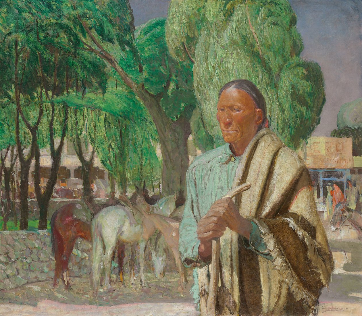 陶斯广场的一角，c.1925（布面油画） 作者 奥斯卡·爱德华·伯宁豪斯