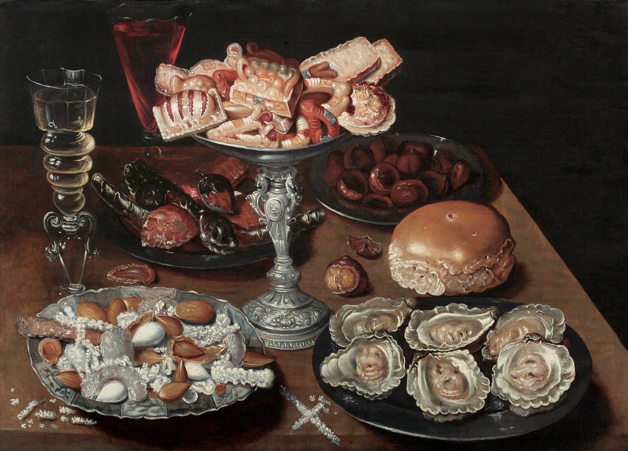 杏仁，牡蛎，糖果，栗子和酒在木桌上，c.1605-30 作者 比埃特长者奥西亚斯