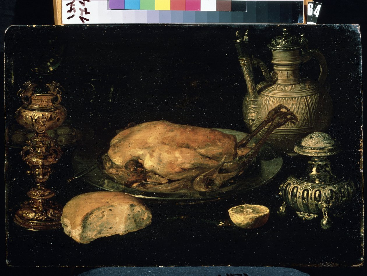 "鸡、柠檬、面包、银器和油灯的静物画 作者：Osias Beert the Elder（1580-1624 年） 17 世纪 Mikhail Kroshitsky 艺术博物馆，塞瓦斯托波尔（塞巴斯托波尔），乌克兰 作者 比埃特长者奥西亚斯