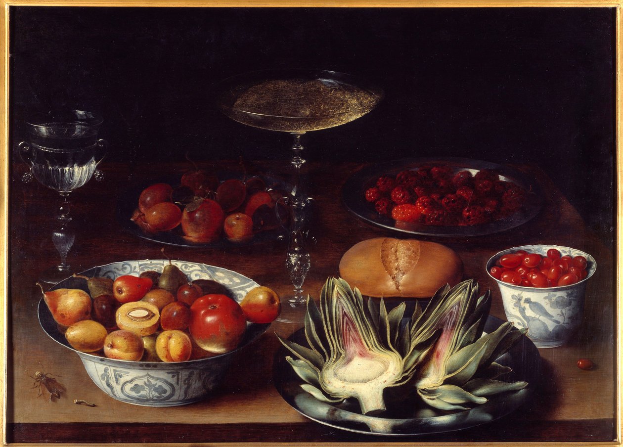 洋蓟静物 一张摆满洋蓟、樱桃、杏、桃、梨、覆盆子的桌子。 Osias Beert I ou l