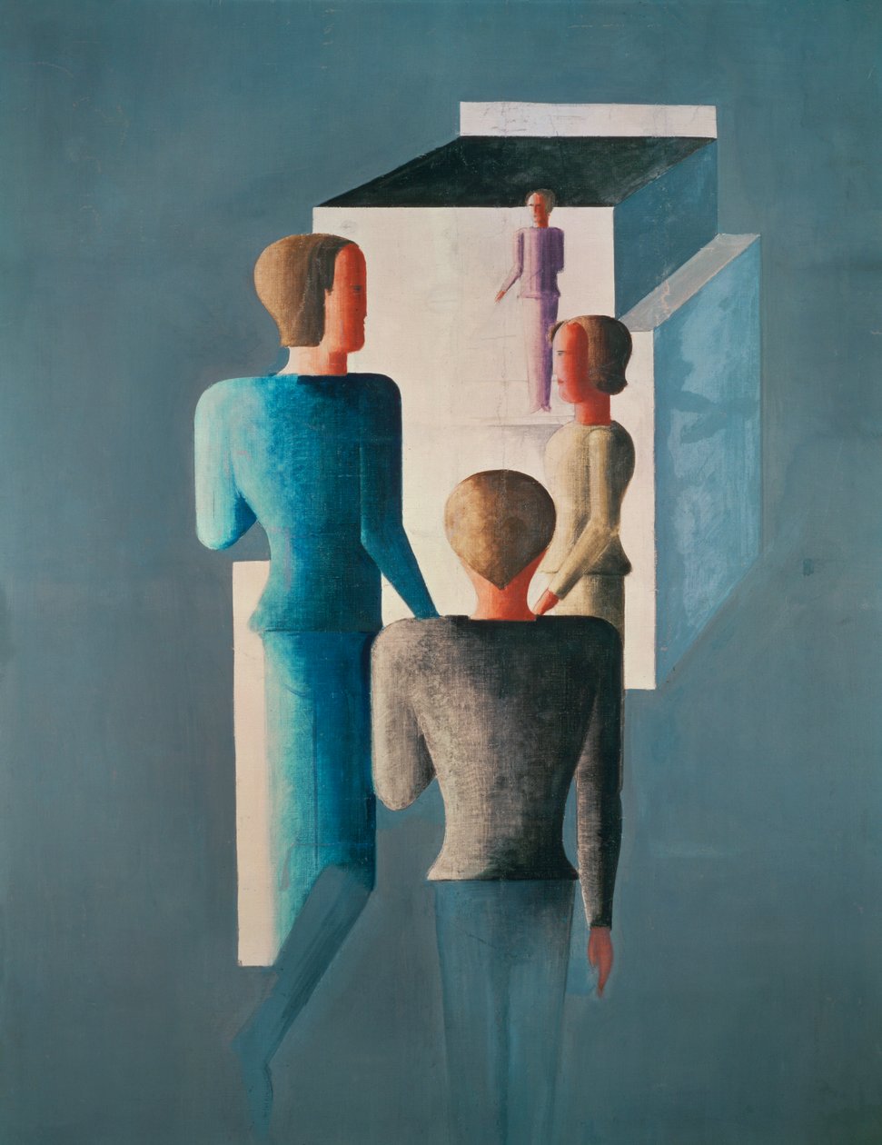四个人物和一个立方体（布面油画） 作者 奥斯卡·施勒默（Oskar Schlemmer）