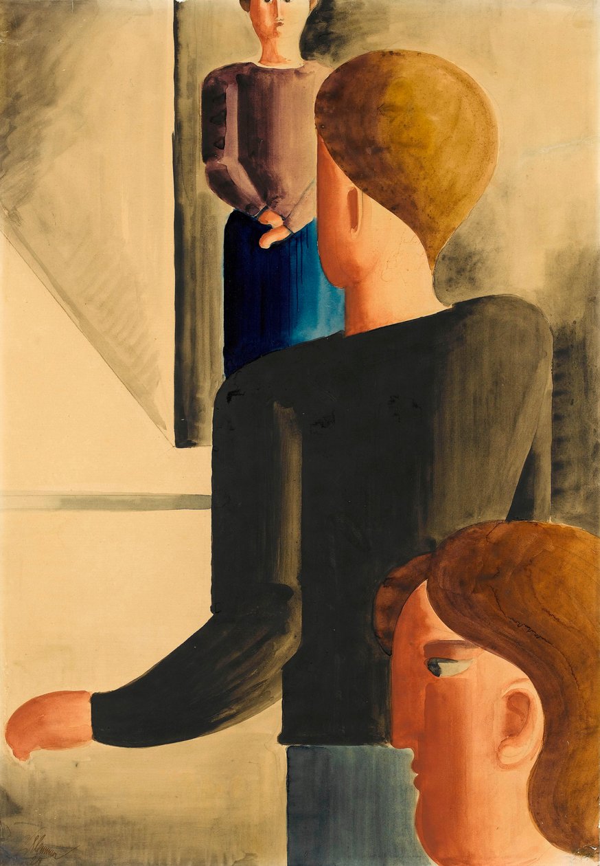 房间里的三个人物的简单姿态，1928年。 作者 奥斯卡·施勒默（Oskar Schlemmer）