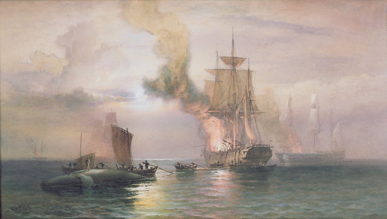 南海捕鲸者沸腾的鲸脂，与鲸鱼并排，1875-85 作者 奥斯瓦尔德·沃尔特斯·布里埃利