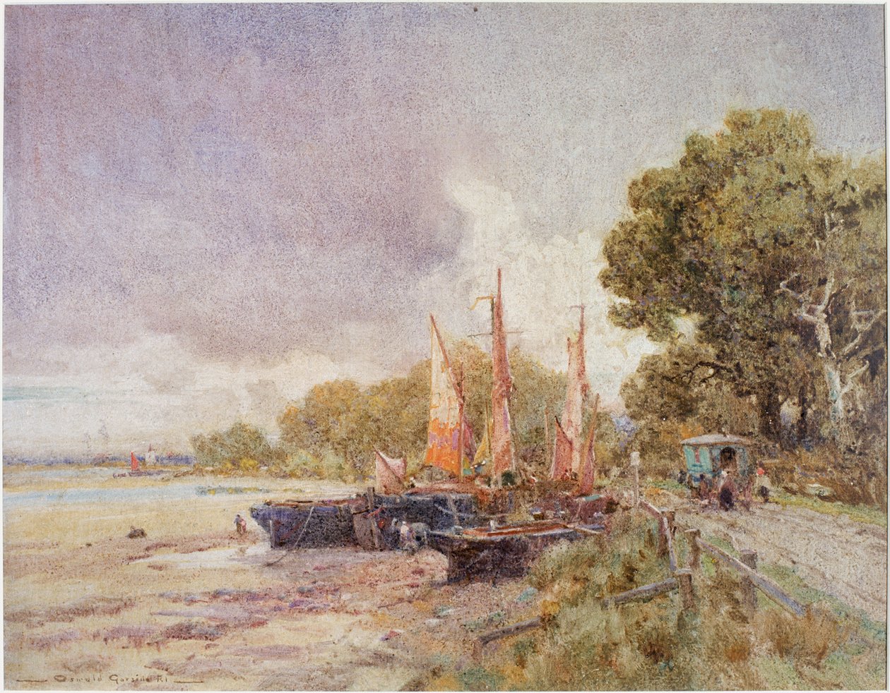 巴恩斯的泰晤士河，约 1916-24 年（水彩、胶水和蛋彩画） 作者 奥斯瓦尔德·加赛德（Oswald Garside）
