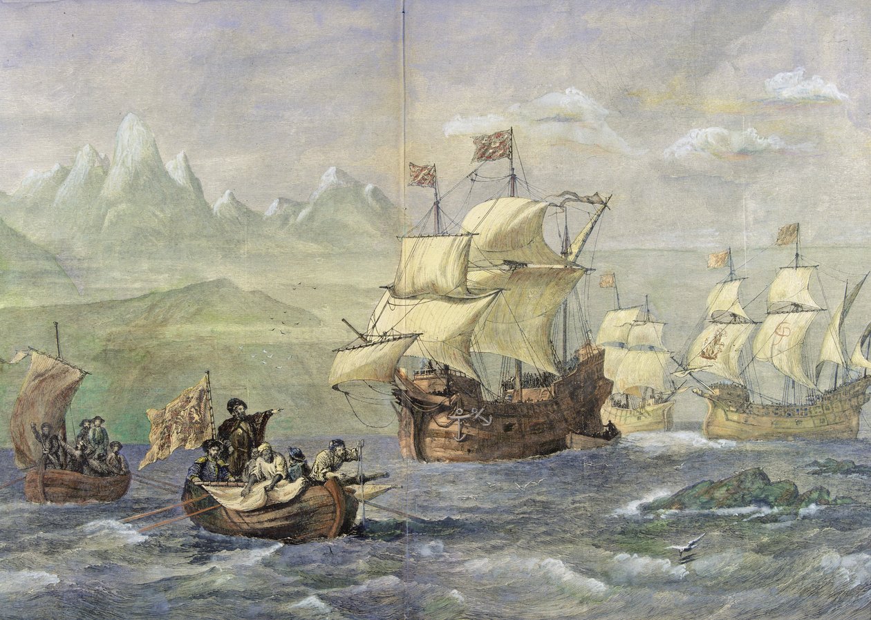 麦哲伦海峡的发现（彩色版画） 作者 奥斯瓦尔德·沃尔特斯·布里埃利