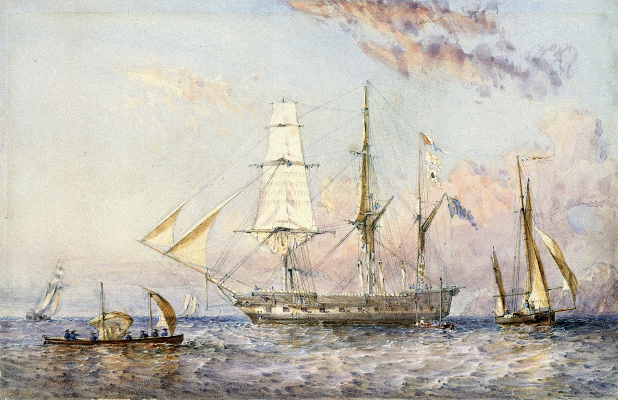 响尾蛇号 "轮船（1822 年）。奥斯瓦尔德-沃尔特-布赖尔利爵士（1817-1894 年）1853 年创作的水彩画。 作者 奥斯瓦尔德·沃尔特斯·布里埃利