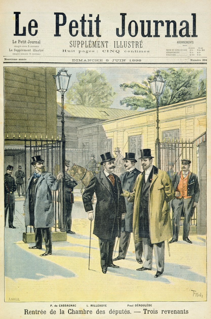与Paul Granier de Cassagnac，Lucien Millevoye和Paul Deroulede重新开放众议院的标题页，插图来自Le Petit Journal的插图补充，第5章 作者 奥斯瓦尔多·托法尼（Oswaldo Tofani）