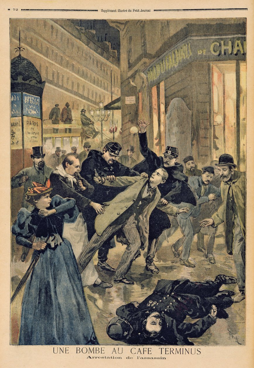 刺客逮捕咖啡馆总站的一枚炸弹，1894年2月26日“Le Petit Journal”的插图 作者 奥斯瓦尔多·托法尼（Oswaldo Tofani）